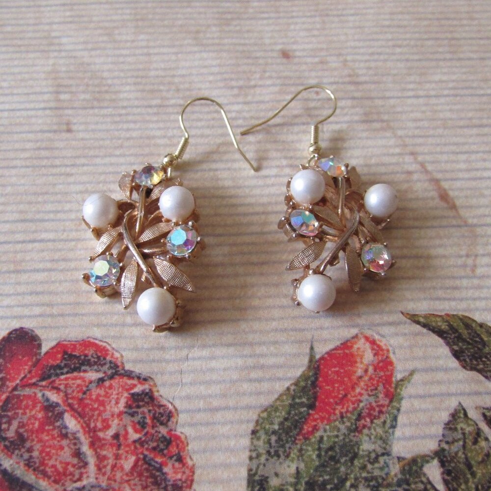 Faux Pearl Crystal Upcycled Vintage Goldtone Leaf Floral Dangle Earrings